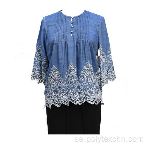 Tencel Denim Bordering Embroidery Blouse för kvinnor